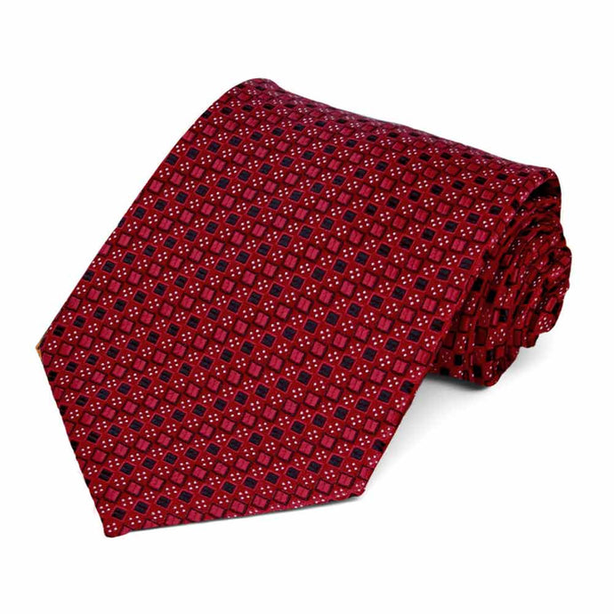 Rolled view of a crimson red and black square pattern extra long necktie