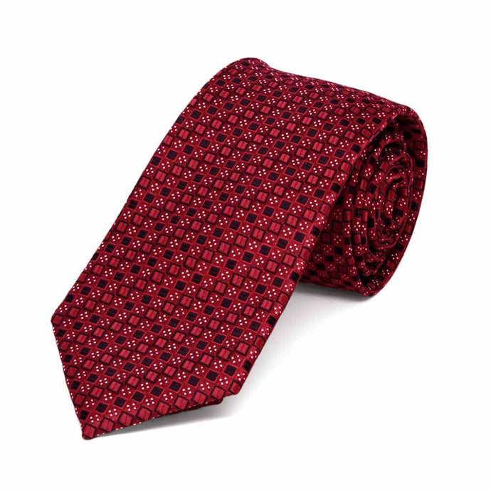 Crimson red and black square pattern slim necktie, rolled view to show texture