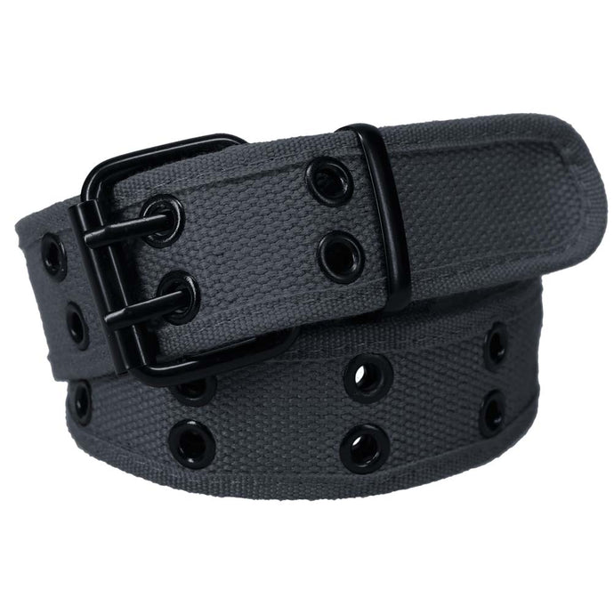 Coiled gray double grommet belt with black hardware