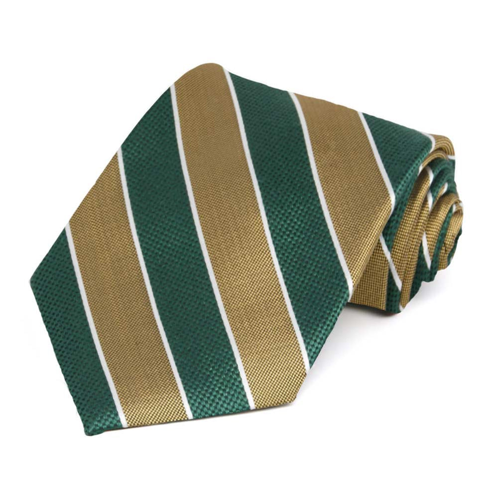 A dark green and gold striped necktie rolled to show texture