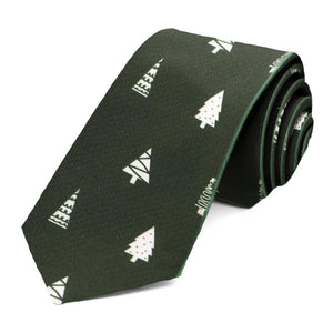 A dark green slim tie with a decorated Christmas tree design