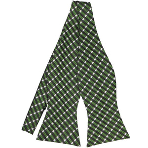 Dark green and white plaid self-tie bow tie, untied flat front view