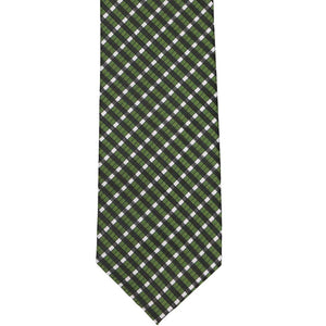 The front of a dark green, white and black gingham tie