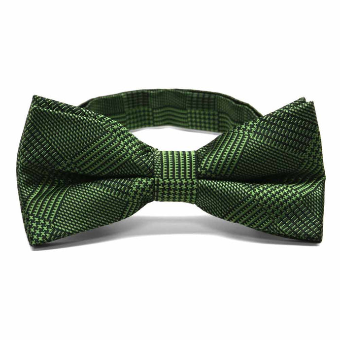 Dark green plaid bow tie, close up front view