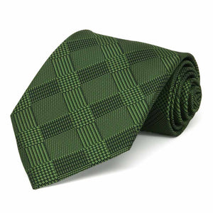 Rolled view of a dark green plaid extra long tie