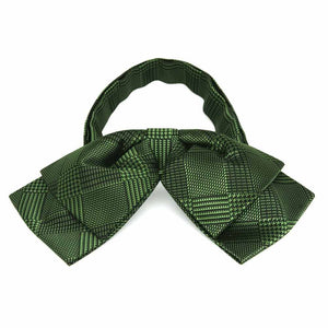 Dark green plaid floppy bow tie, close up front view