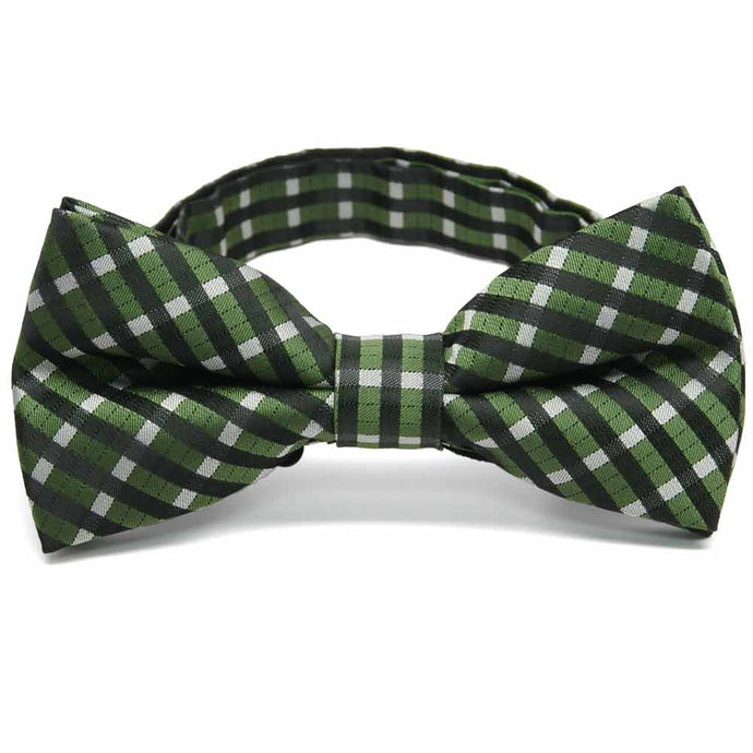 Dark green and white plaid bow tie, front view