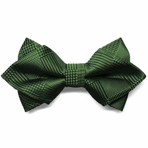 Dark green plaid diamond tip bow tie, close up front view