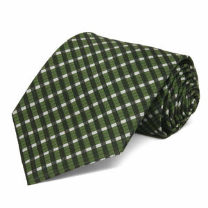 Extra long dark green and white plaid necktie, rolled view