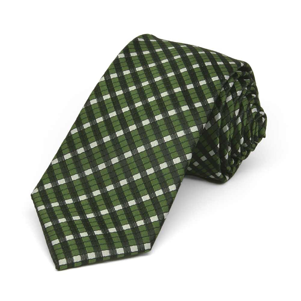 Rolled view of a dark green and white plaid slim necktie