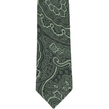 Load image into Gallery viewer, Front flat view of a dark green paisley necktie