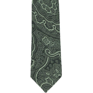 Front flat view of a dark green paisley necktie