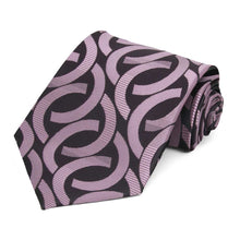 Load image into Gallery viewer, Rolled view of a lavender and black link pattern extra long necktie
