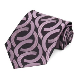 Rolled view of a lavender and black link pattern extra long necktie