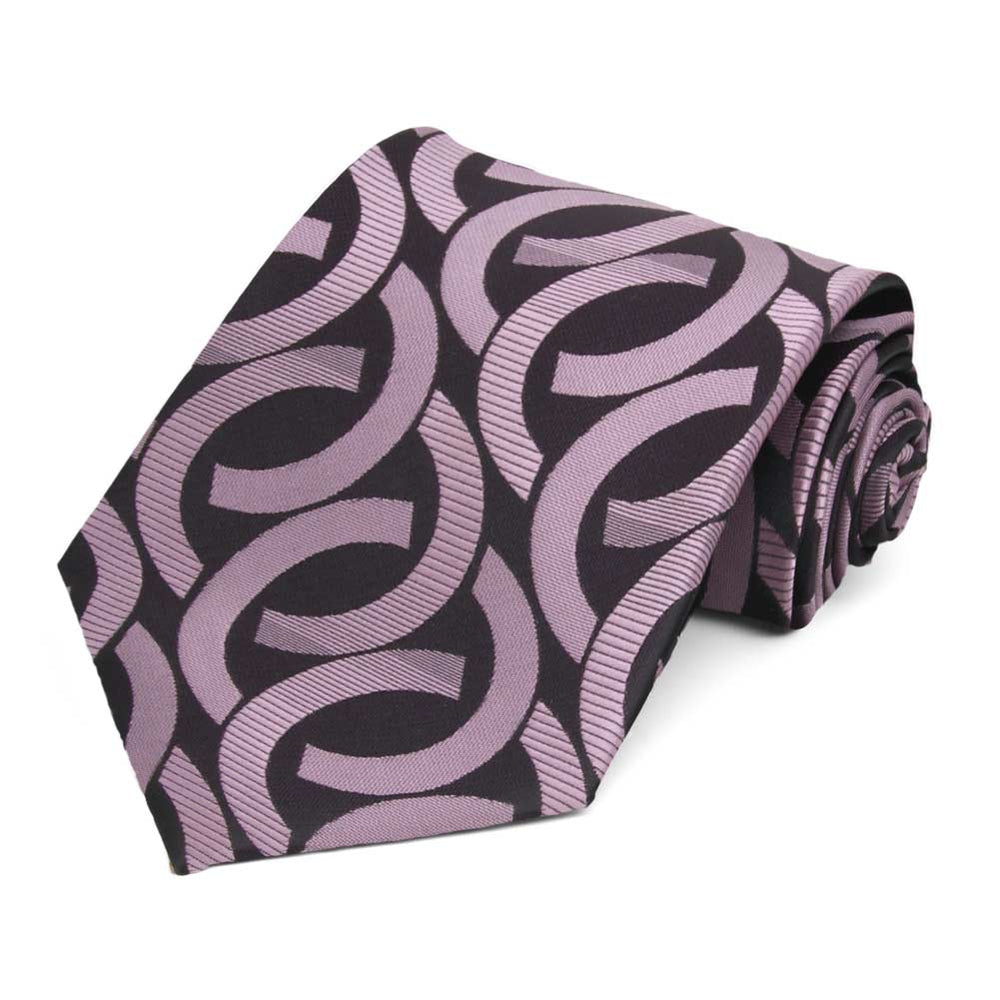 Lavender and black link pattern necktie, rolled view