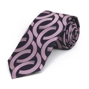 Lavender and black link pattern slim necktie, rolled view