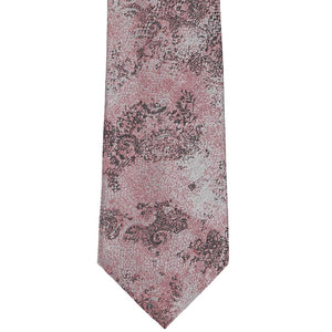 Front view of a pink, gray and black floral paisley tie