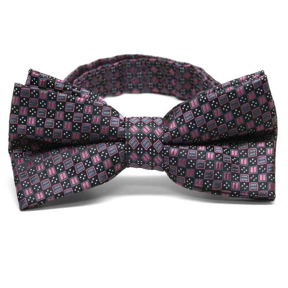 Pink and gray square pattern bow tie, front close up view
