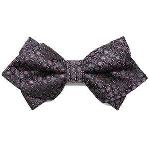 Pink and gray square pattern diamond tip bow tie, close up front view