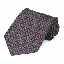 Load image into Gallery viewer, Pink and gray square pattern extra long necktie, rolled to show pattern up close