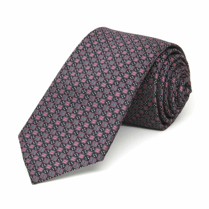 Rolled view of a slim pink and gray square pattern necktie