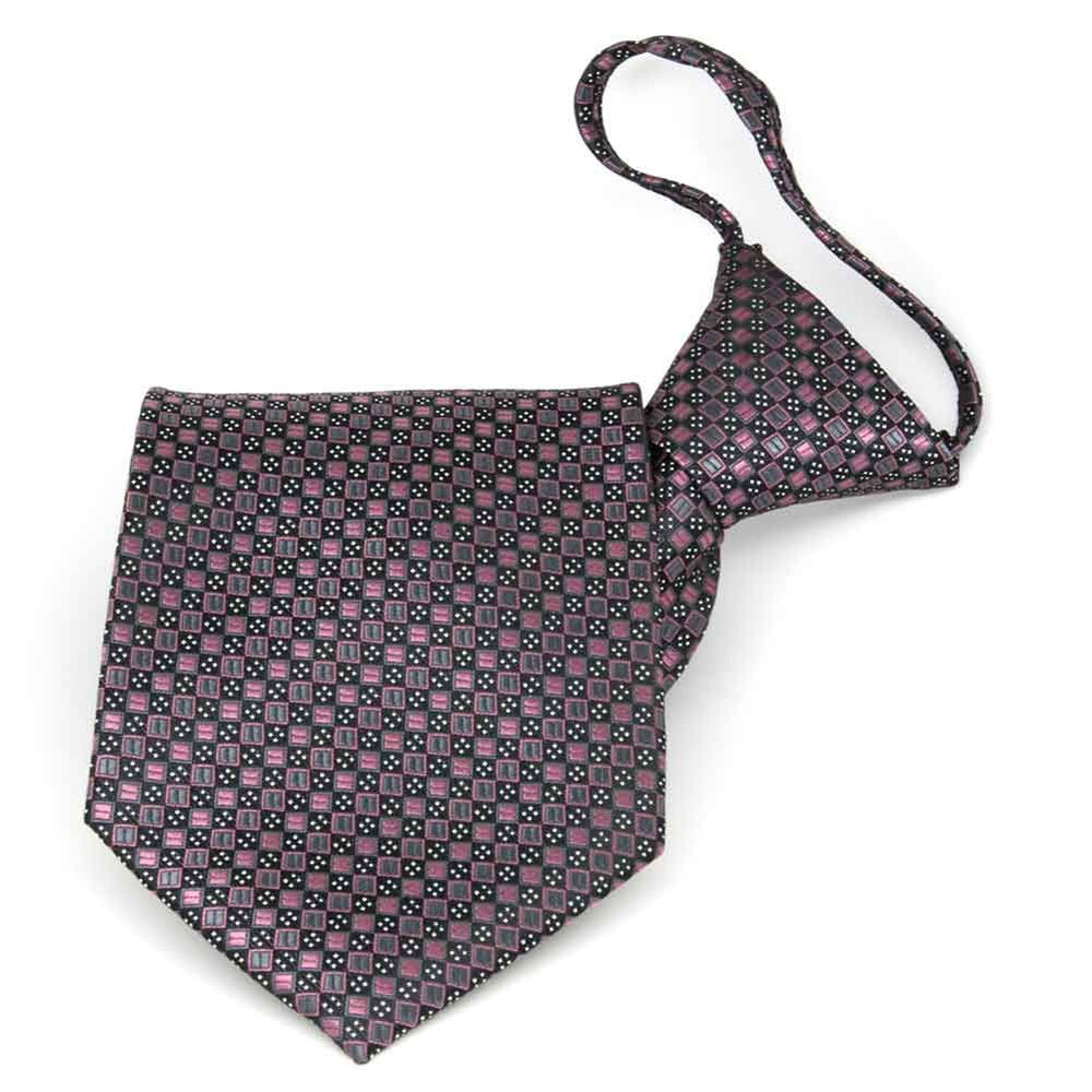Pink and gray square pattern zipper tie, folded front view to show pattern
