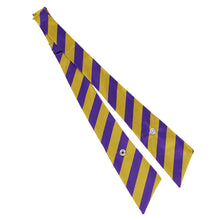 Load image into Gallery viewer, Dark purple and gold striped crossover tie unsnapped