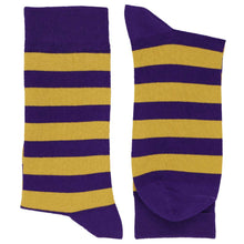 Load image into Gallery viewer, Pair of men&#39;s dark purple and gold striped socks