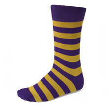 Load image into Gallery viewer, Men&#39;s dark purple and gold striped dress socks