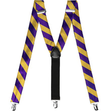 Load image into Gallery viewer, Pair of dark purple and gold striped suspenders
