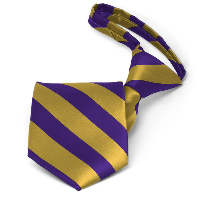 Pre-tied dark purple and gold striped zipper tie