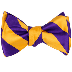Dark purple and golden yellow striped self-tie bow tie, tied