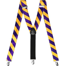 Load image into Gallery viewer, Pair of dark purple and golden yellow striped suspenders