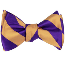 Load image into Gallery viewer, Dark purple and honey gold striped self-tie bow tie, tied
