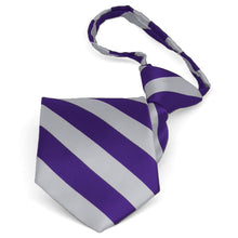 Load image into Gallery viewer, Pre-tied dark purple and silver striped pattern zipper tie