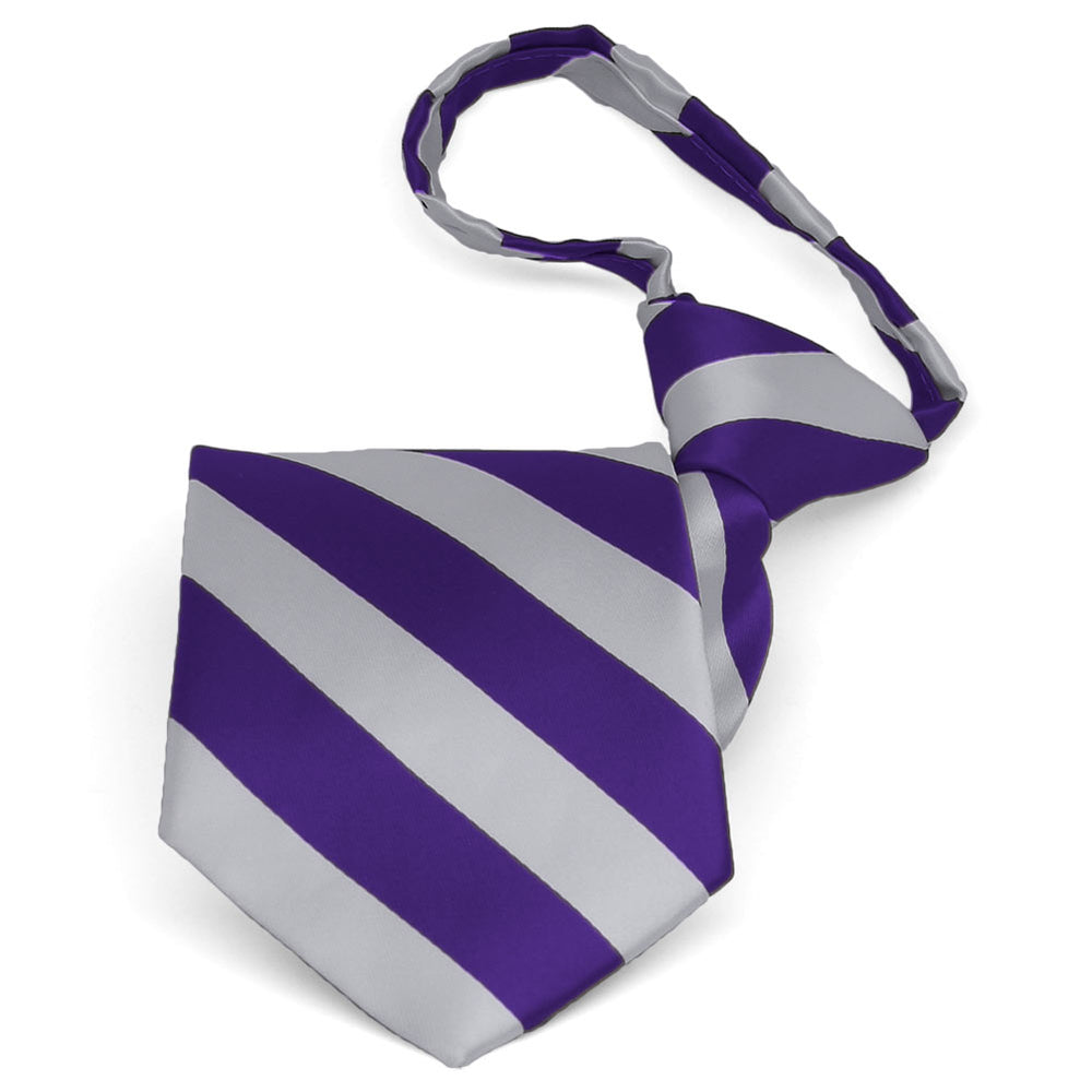 Pre-tied dark purple and silver striped pattern zipper tie