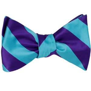 Dark purple and turquoise self-tie bow tie, tied