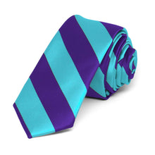 Load image into Gallery viewer, Dark Purple and Turquoise Striped Skinny Tie, 2&quot; Width