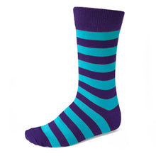 Load image into Gallery viewer, Men&#39;s bold dark purple and turquoise striped socks