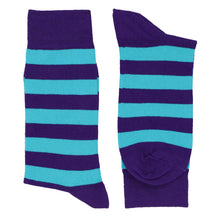 Load image into Gallery viewer, Pair of men&#39;s dark purple and turquoise striped socks, horizontal stripes