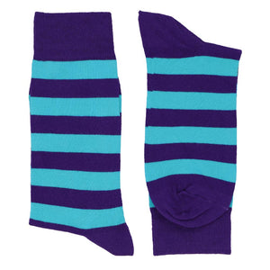 Pair of men's dark purple and turquoise striped socks, horizontal stripes