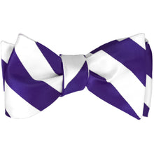 Load image into Gallery viewer, Dark purple and white striped self-tie bow tie, tied