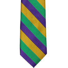 Load image into Gallery viewer, The front of a dark purple, gold and kelly green striped tie, lying flat