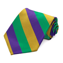 Load image into Gallery viewer, Striped tie in dark purple, gold and kelly green