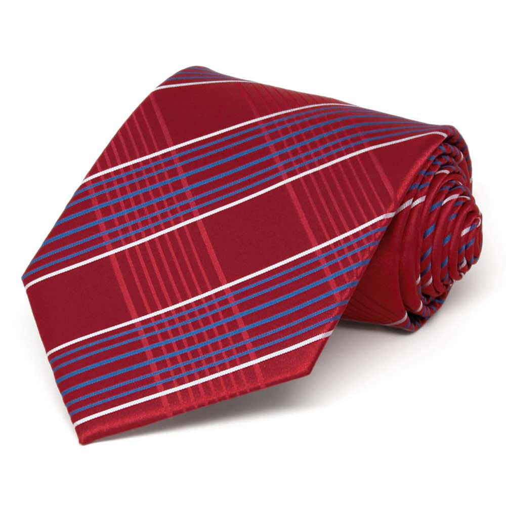Extra long red and blue plaid necktie, rolled view