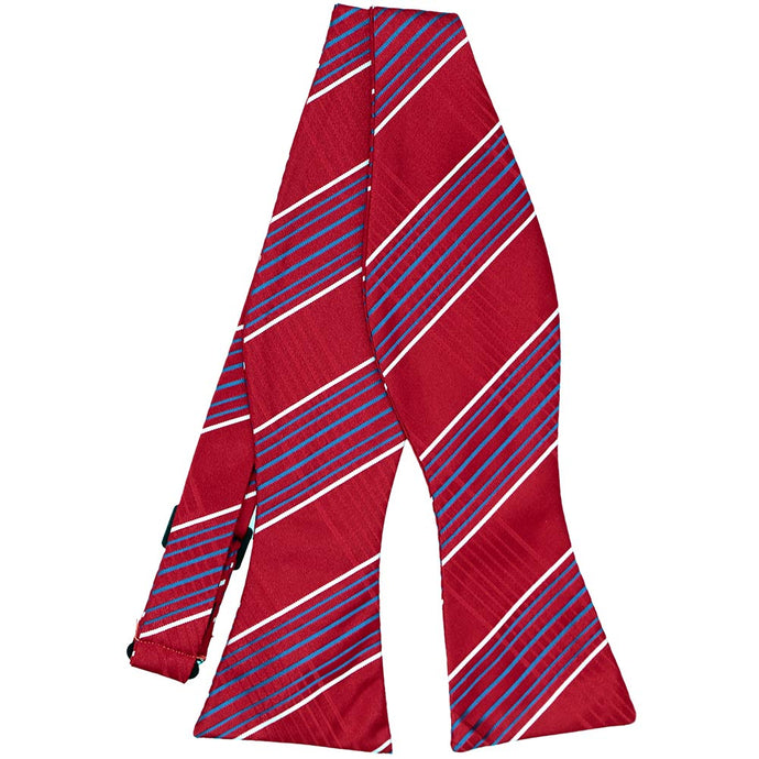 Red, white and blue plaid self-tie bow tie, untied front view