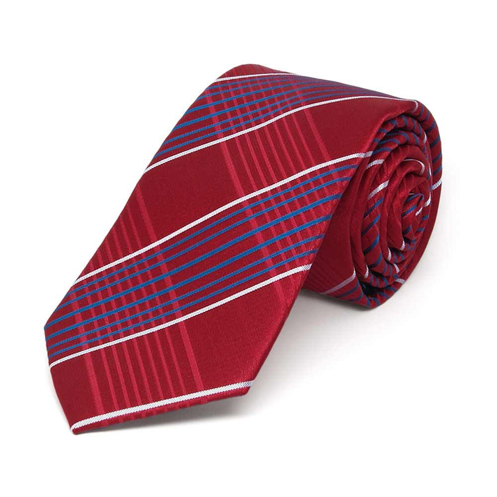 Red, blue and white plaid slim necktie, rolled view