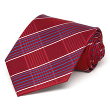 Load image into Gallery viewer, Red and blue plaid necktie, rolled to show pattern