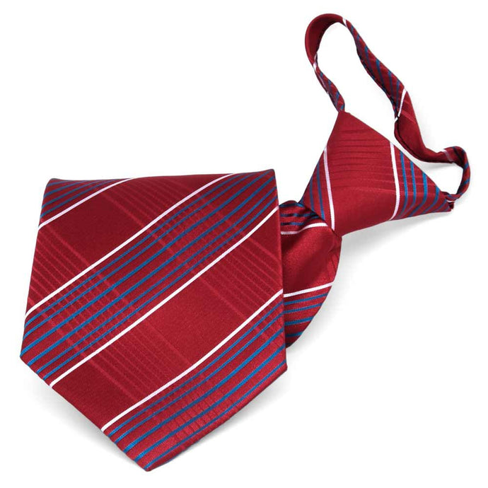 Red, blue and white plaid zipper tie, folded front view