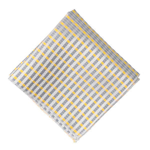 Silver and yellow plaid pocket square, flat front view